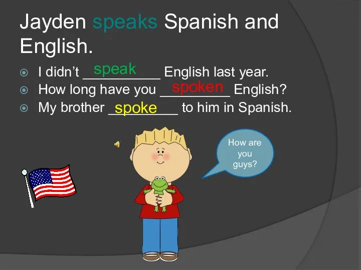 Jayden speaks Spanish and English. I didn’t __________ English last year. How