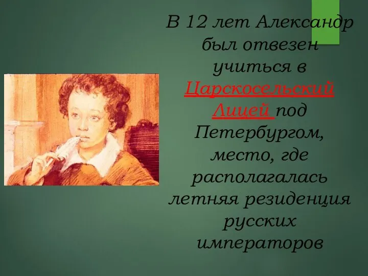 В 12 лет Александр был отвезен учиться в Царскосельский Лицей под Петербургом,