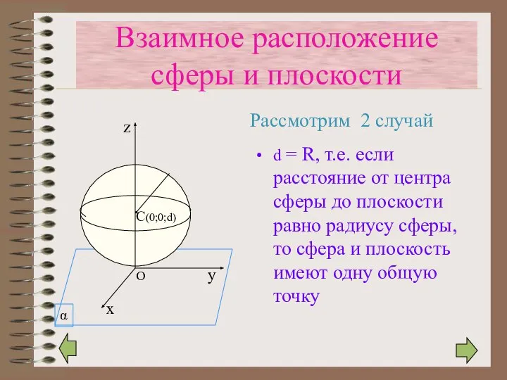 d = R, т.е. если расстояние от центра сферы до плоскости равно