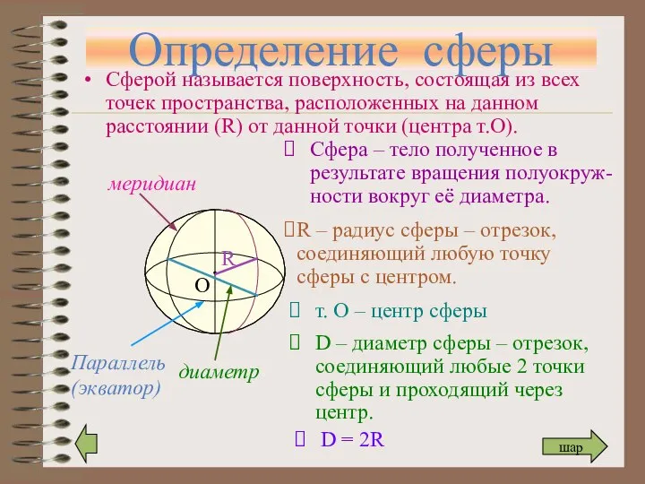 Определение сферы Сферой называется поверхность, состоящая из всех точек пространства, расположенных на