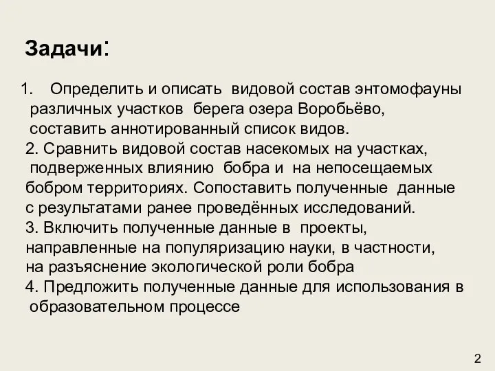 Определить и описать видовой состав энтомофауны различных участков берега озера Воробьёво, составить