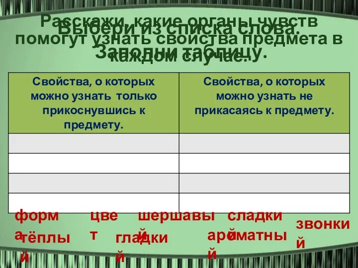 Выбери из списка слова. Заполни таблицу. сладкий форма цвет шершавый гладкий ароматный