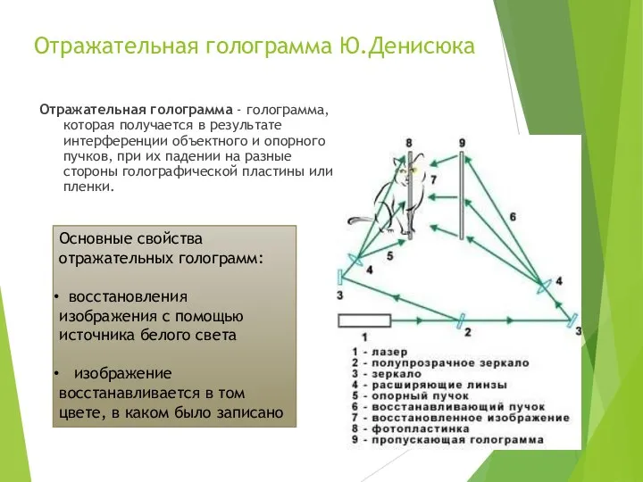 Отражательная голограмма Ю.Денисюка Отражательная голограмма - голограмма, которая получается в результате интерференции