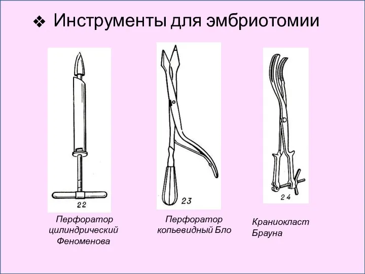 Инструменты для эмбриотомии Перфоратор цилиндрический Феноменова Перфоратор копьевидный Бло Краниокласт Брауна