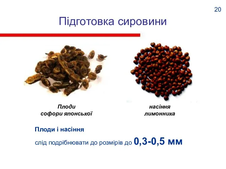 Підготовка сировини 20 Плоди і насіння слід подрібнювати до розмірів до 0,3-0,5