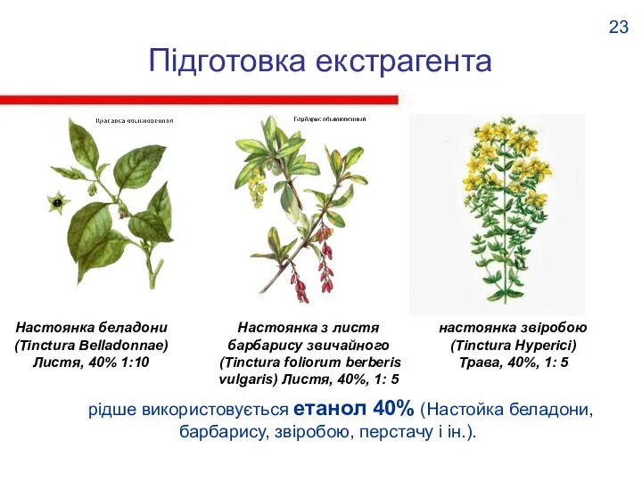 Підготовка екстрагента рідше використовується етанол 40% (Настойка беладони, барбарису, звіробою, перстачу і