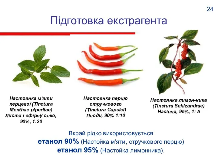 Підготовка екстрагента Вкрай рідко використовується етанол 90% (Настойка м'яти, стручкового перцю) етанол