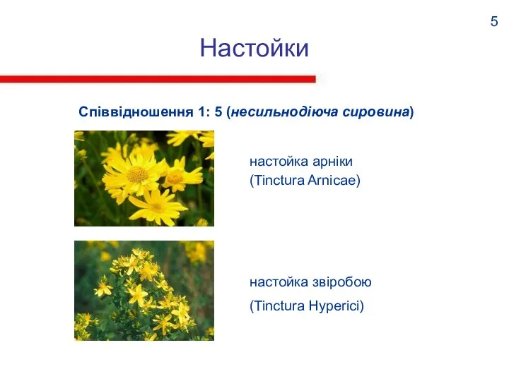 Настойки Співвідношення 1: 5 (несильнодіюча сировина) 5 настойка арніки (Tinctura Arnicae) настойка звіробою (Tinctura Hyperici)