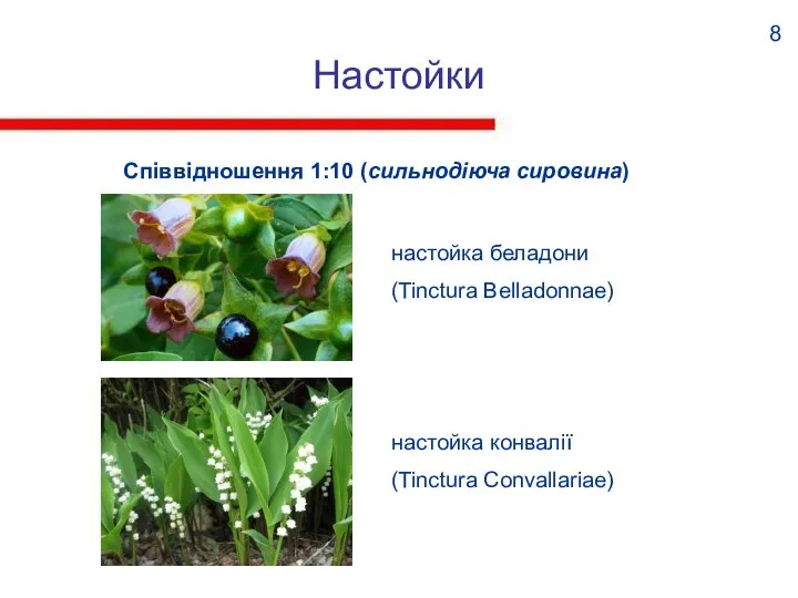 Настойки Співвідношення 1:10 (сильнодіюча сировина) 8 настойка беладони (Tinctura Belladonnae) настойка конвалії (Tinctura Convallariae)