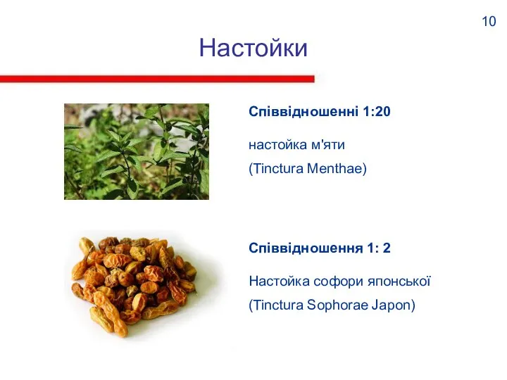 Настойки Співвідношенні 1:20 10 настойка м'яти (Tinctura Menthae) Настойка софори японської (Tinctura