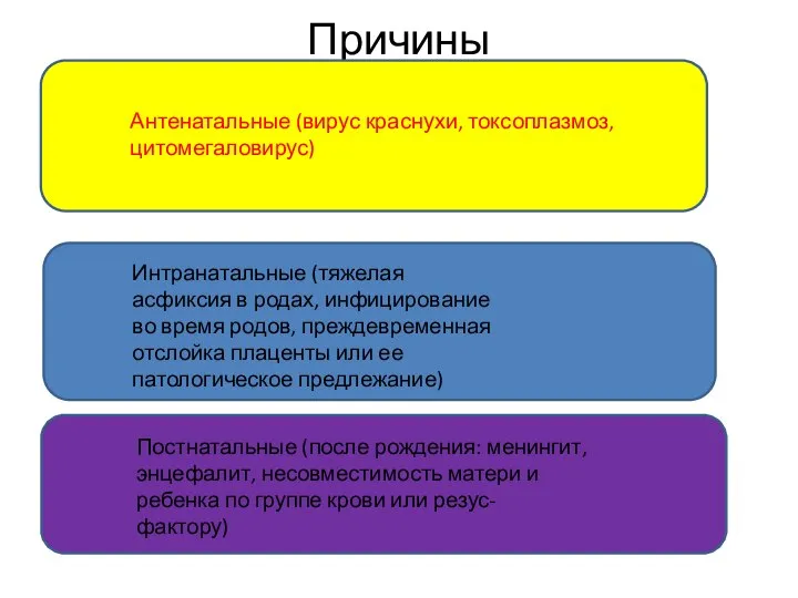 Причины Антенатальные (вирус краснухи, токсоплазмоз, цитомегаловирус) Интранатальные (тяжелая асфиксия в родах, инфицирование