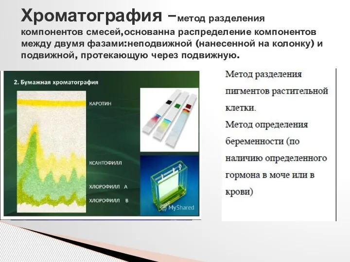 Хроматография –метод разделения компонентов смесей,основанна распределение компонентов между двумя фазами:неподвижной (нанесенной на