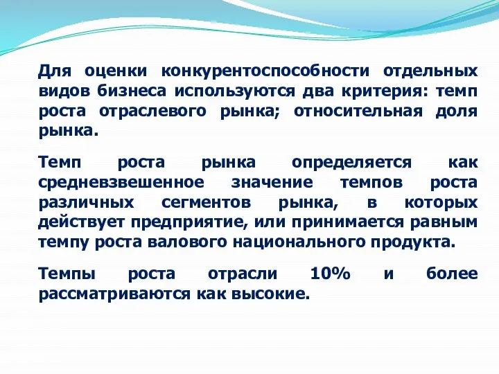 Для оценки конкурентоспособности отдельных видов бизнеса используются два критерия: темп роста отраслевого