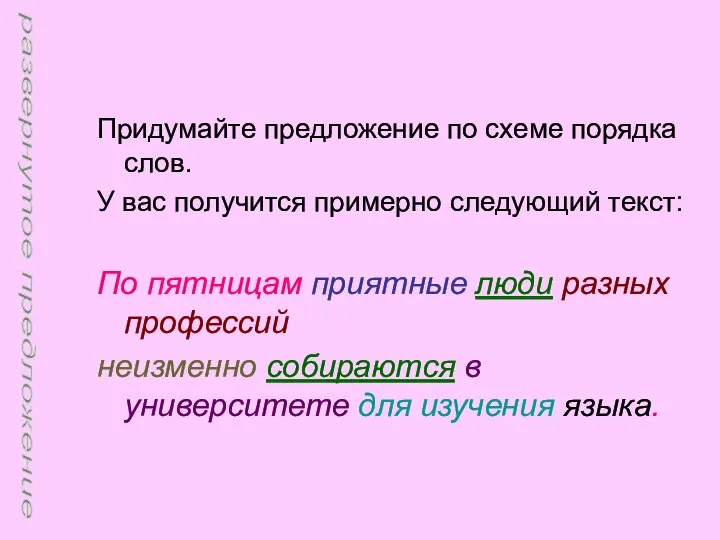 Придумайте предложение по схеме порядка слов. У вас получится примерно следующий текст: