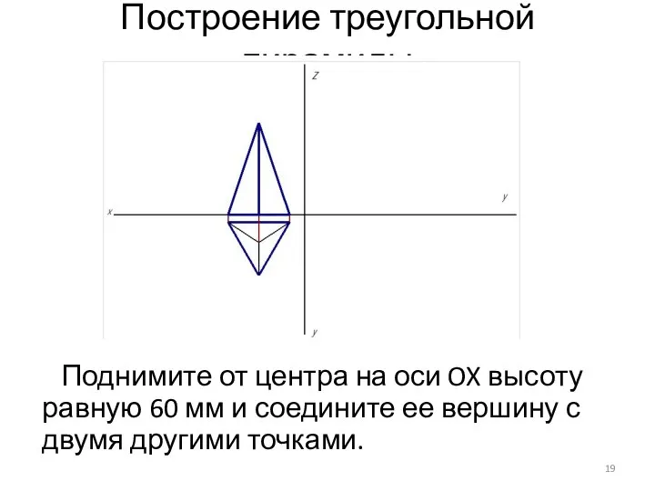 Построение треугольной пирамиды Поднимите от центра на оси OX высоту равную 60