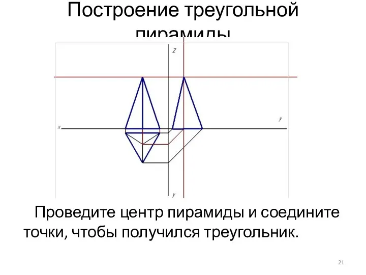 Построение треугольной пирамиды Проведите центр пирамиды и соедините точки, чтобы получился треугольник.