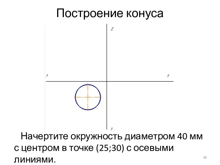Построение конуса Начертите окружность диаметром 40 мм с центром в точке (25;30) с осевыми линиями.