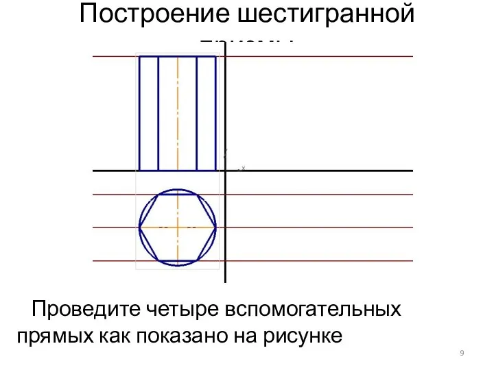 Построение шестигранной призмы Проведите четыре вспомогательных прямых как показано на рисунке
