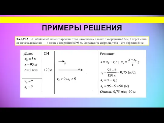 ПРИМЕРЫ РЕШЕНИЯ ЗАДАЧА 1. В начальный момент времени тело находилось в точке