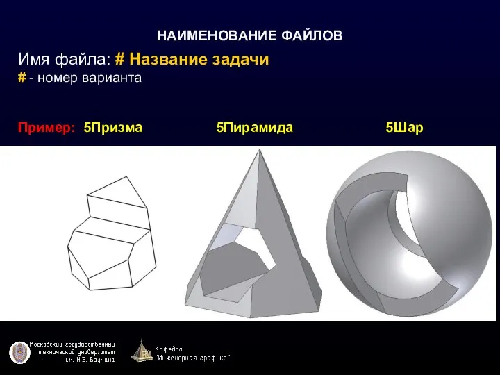 НАИМЕНОВАНИЕ ФАЙЛОВ Имя файла: # Название задачи # - номер варианта Пример: 5Призма 5Пирамида 5Шар