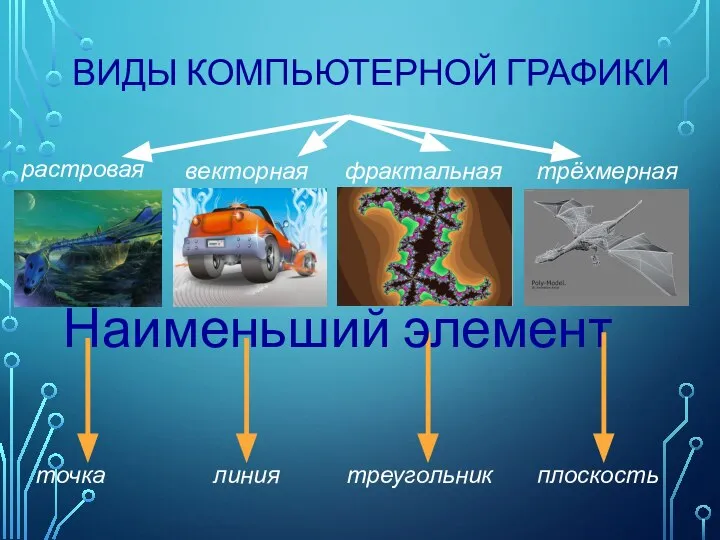 ВИДЫ КОМПЬЮТЕРНОЙ ГРАФИКИ растровая векторная фрактальная точка линия треугольник Наименьший элемент трёхмерная плоскость