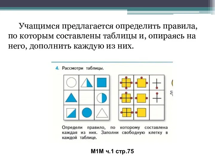 М1М ч.1 стр.75 Учащимся предлагается определить правила, по которым составлены таблицы и,