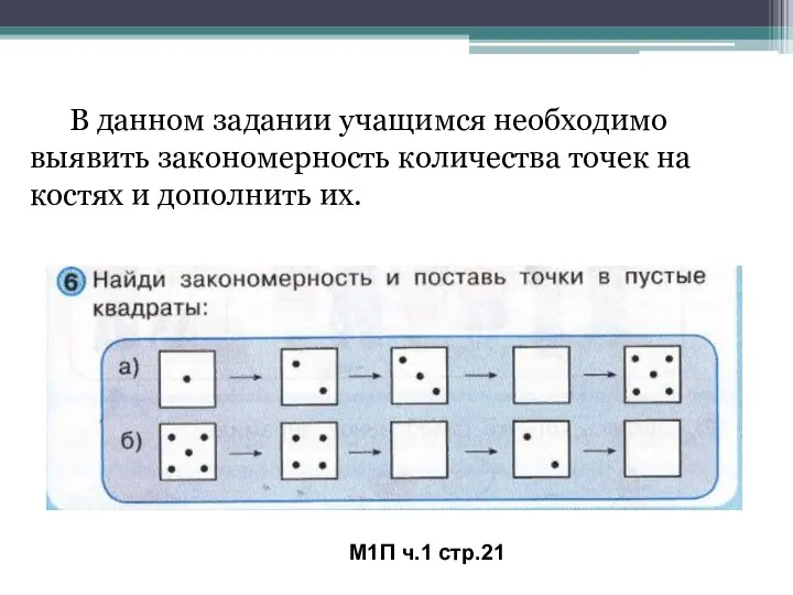 М1П ч.1 стр.21 В данном задании учащимся необходимо выявить закономерность количества точек