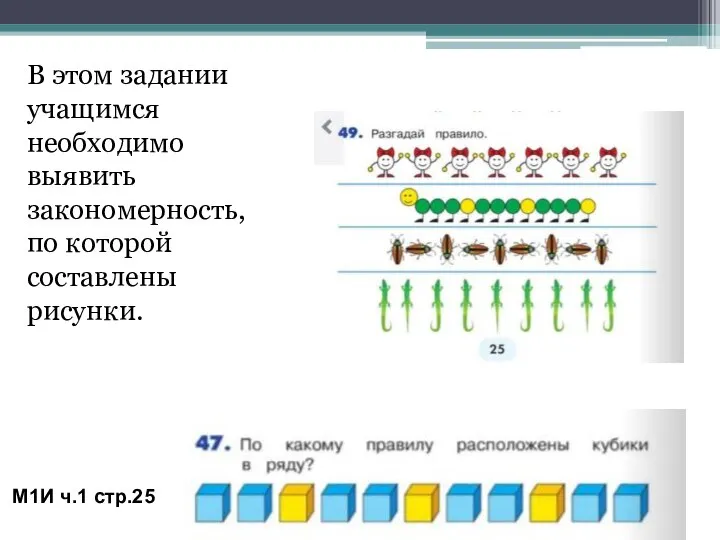 М1И ч.1 стр.25 В этом задании учащимся необходимо выявить закономерность, по которой составлены рисунки.