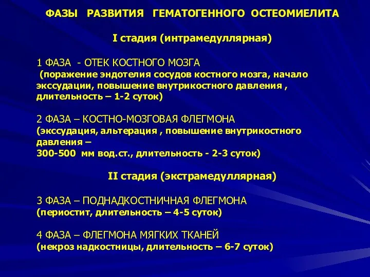 ФАЗЫ РАЗВИТИЯ ГЕМАТОГЕННОГО ОСТЕОМИЕЛИТА І стадия (интрамедуллярная) 1 ФАЗА - ОТЕК КОСТНОГО