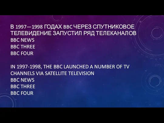 В 1997—1998 ГОДАХ BBC ЧЕРЕЗ СПУТНИКОВОЕ ТЕЛЕВИДЕНИЕ ЗАПУСТИЛ РЯД ТЕЛЕКАНАЛОВ BBC NEWS