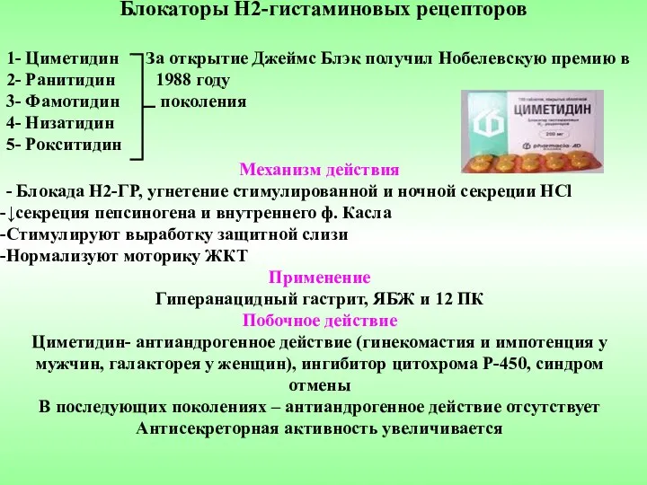 Блокаторы Н2-гистаминовых рецепторов 1- Циметидин За открытие Джеймс Блэк получил Нобелевскую премию