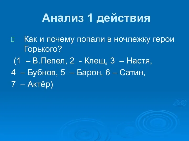 Анализ 1 действия Как и почему попали в ночлежку герои Горького? (1