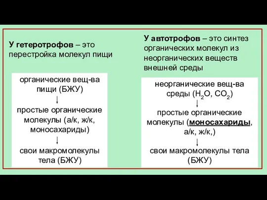 У гетеротрофов – это перестройка молекул пищи органические вещ-ва пищи (БЖУ) простые