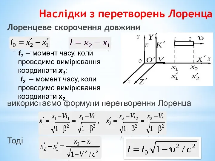 Наслідки з перетворень Лоренца Лоренцеве скорочення довжини використаємо формули перетворення Лоренца Тоді і