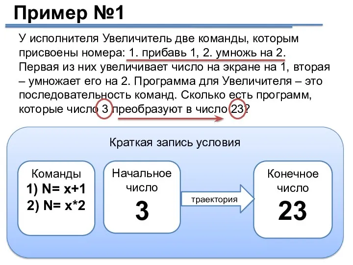 У исполнителя Увеличитель две команды, которым присвоены номера: 1. прибавь 1, 2.