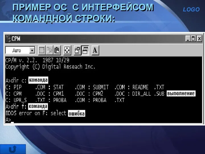 ПРИМЕР ОС С ИНТЕРФЕЙСОМ КОМАНДНОЙ СТРОКИ: