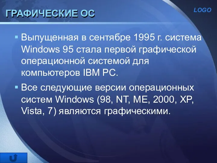 ГРАФИЧЕСКИЕ ОС Выпущенная в сентябре 1995 г. система Windows 95 стала первой