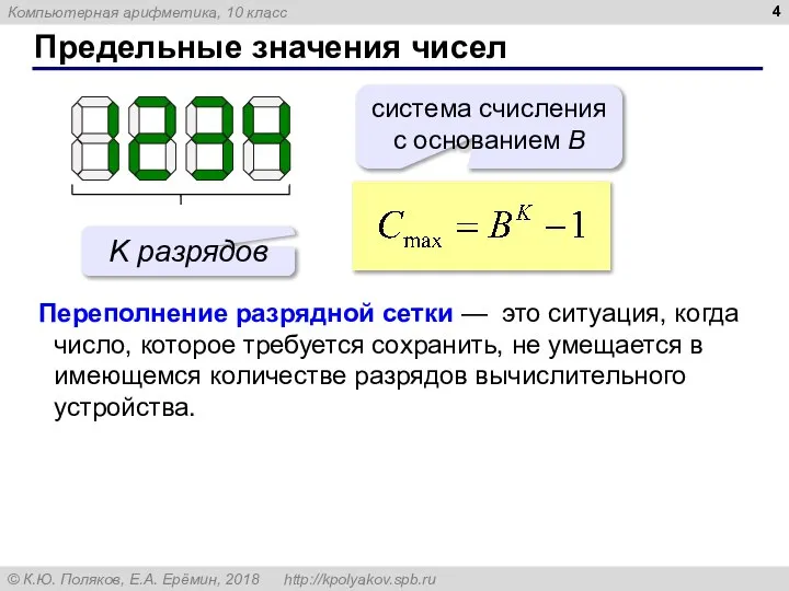 Предельные значения чисел система счисления с основанием B K разрядов Переполнение разрядной