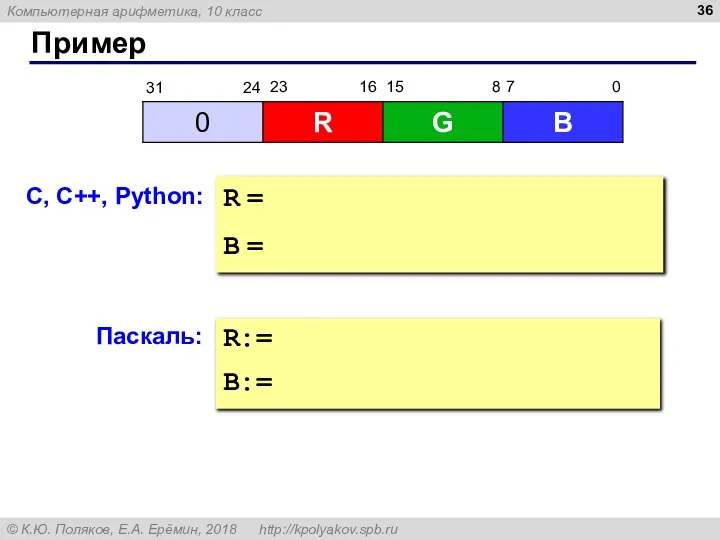 Пример С, C++, Python: R = B = Паскаль: R:= B:=