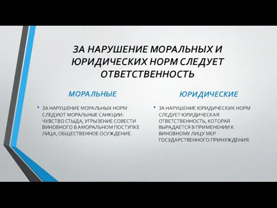 ЗА НАРУШЕНИЕ МОРАЛЬНЫХ И ЮРИДИЧЕСКИХ НОРМ СЛЕДУЕТ ОТВЕТСТВЕННОСТЬ МОРАЛЬНЫЕ ЗА НАРУШЕНИЕ МОРАЛЬНЫХ