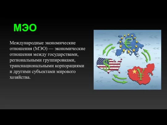 МЭО Международные экономические отношения (МЭО) — экономические отношения между государствами, региональными группировками,