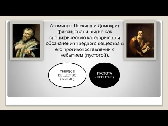 Атомисты Левкипп и Демокрит фиксировали бытие как специфическую категорию для обозначения твердого