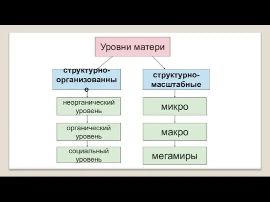 Уровни матери структурно- организованные структурно- масштабные неорганический уровень органический уровень социальный уровень микро макро мегамиры