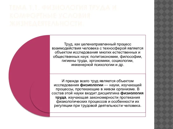 ТЕМА 1.1. ФИЗИОЛОГИЯ ТРУДА И КОМФОРТНЫЕ УСЛОВИЯ ЖИЗНЕДЕЯТЕЛЬНОСТИ.