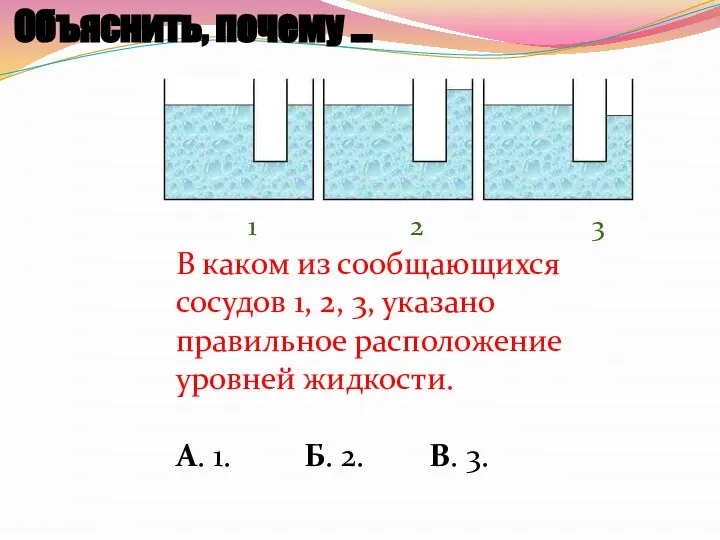 1 2 3 В каком из сообщающихся сосудов 1, 2, 3, указано