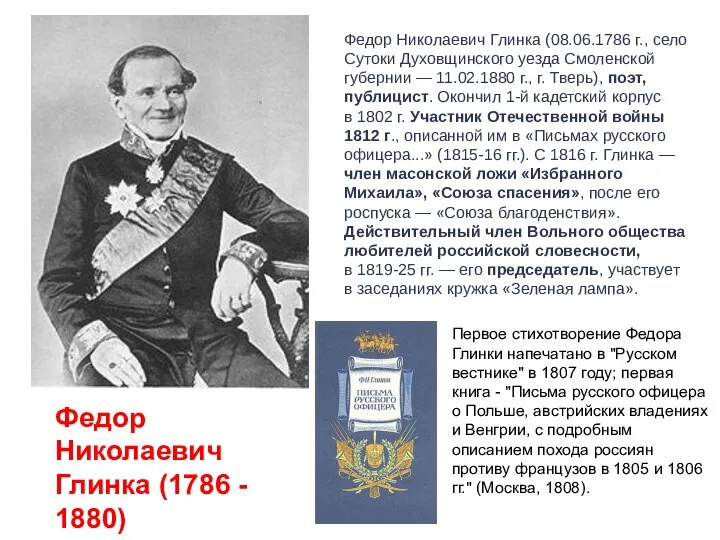 Федор Николаевич Глинка (1786 - 1880) Федор Николаевич Глинка (08.06.1786 г., село