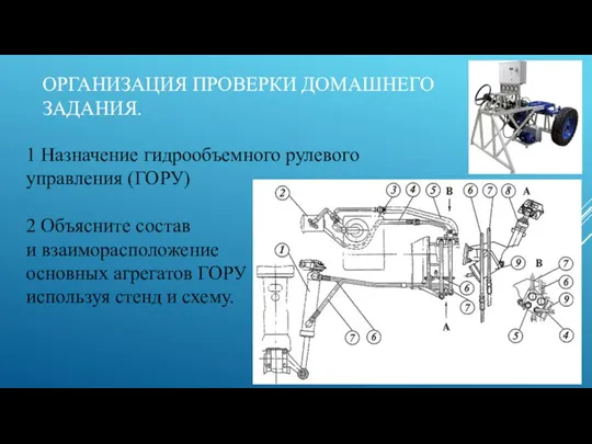 ОРГАНИЗАЦИЯ ПРОВЕРКИ ДОМАШНЕГО ЗАДАНИЯ. 1 Назначение гидрообъемного рулевого управления (ГОРУ) 2 Объясните