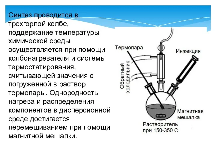 Синтез проводится в трехгорлой колбе, поддержание температуры химической среды осуществляется при помощи