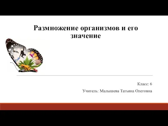 Класс: 6 Учитель: Малышева Татьяна Олеговна Размножение организмов и его значение