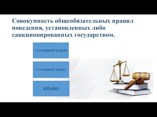 Совокупность общеобязательных правил поведения, установленных либо санкционированных государством. УГОЛОВНЫЙ КОДЕКС УГОЛОВНОЕ ПРАВО ПРАВО